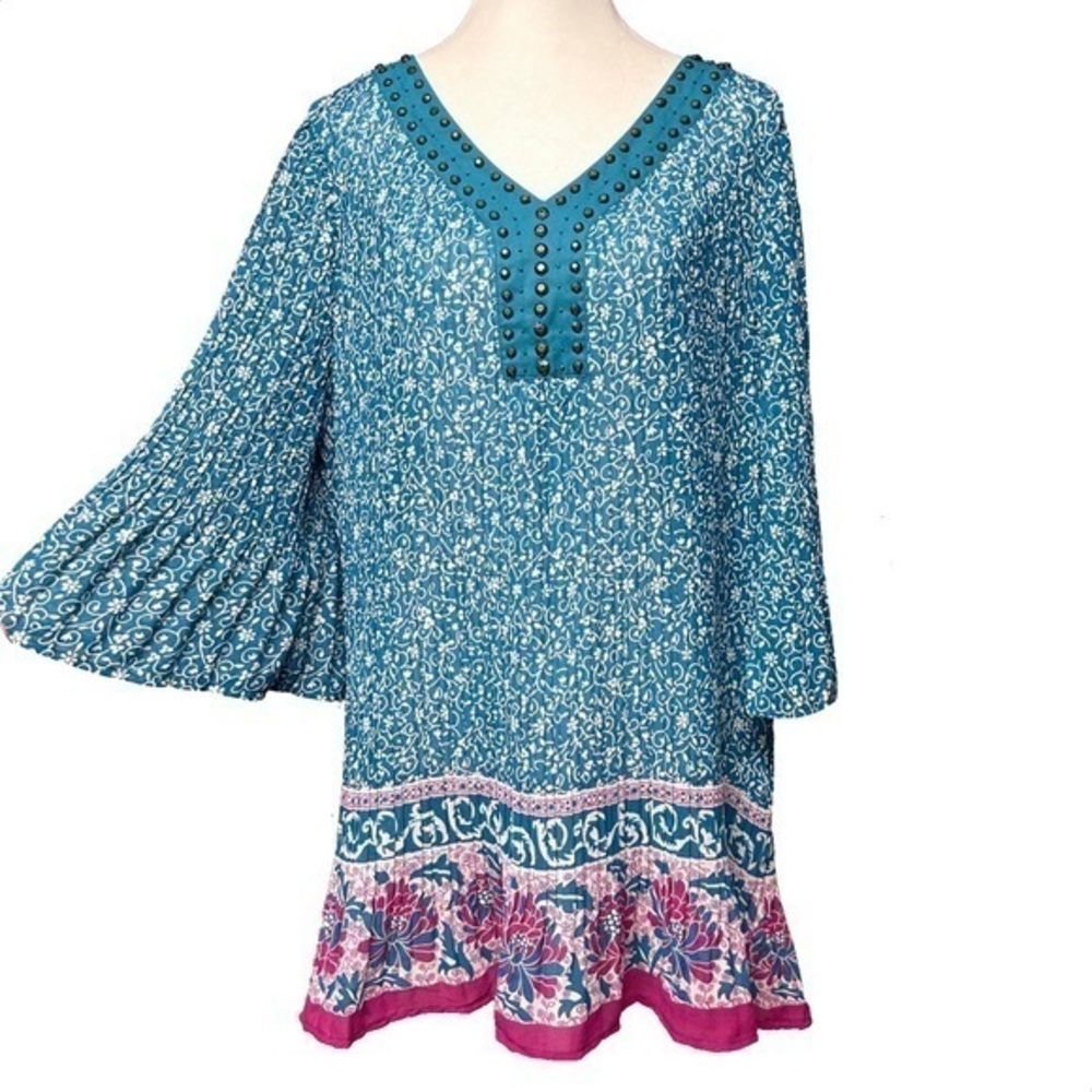 Woman Within Sheer Pleated Tunic Boho Blouse Teal Pink Studded Details 18/20